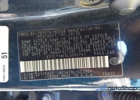 2020 Toyota Camry Le from USA, damaged, VIN 4T1C11AK5LU995741